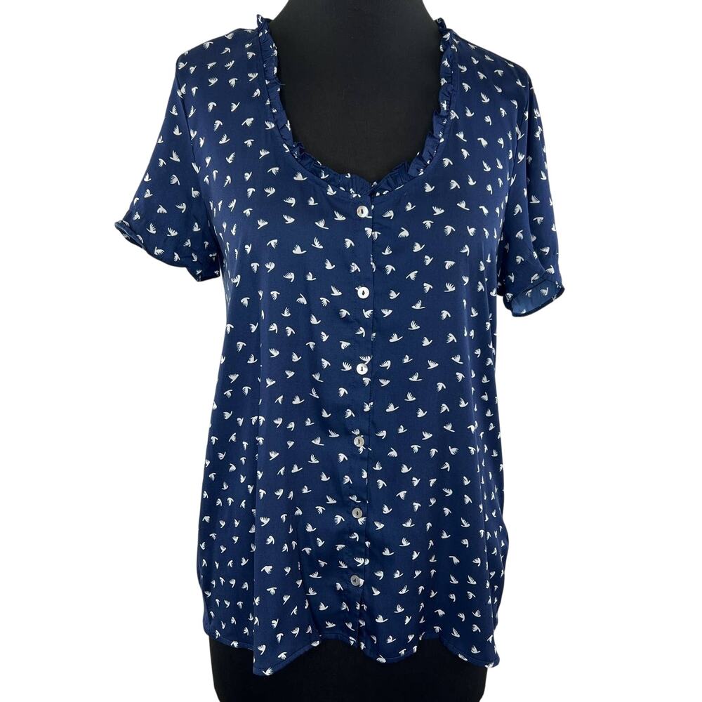 DOLAN Blue White Bird Print Short Sleeve Ruffle Neckline Button-Down Shirt Sz S